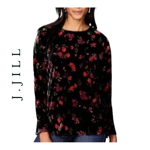 1487. J.JILL VELVET FLORAL PATTERN LONG SLEEVE TOP SIZE SMALL BLACK/RED/PURPLE‎ - Picture 1 of 10